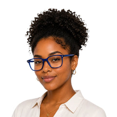 Woman wearing OS JJ FRAME 3238 lightweight square eyeglasses for men and women in blue
