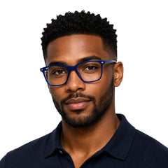 Man wearing OS JJ FRAME 3238 lightweight square eyeglasses for men and women in blue