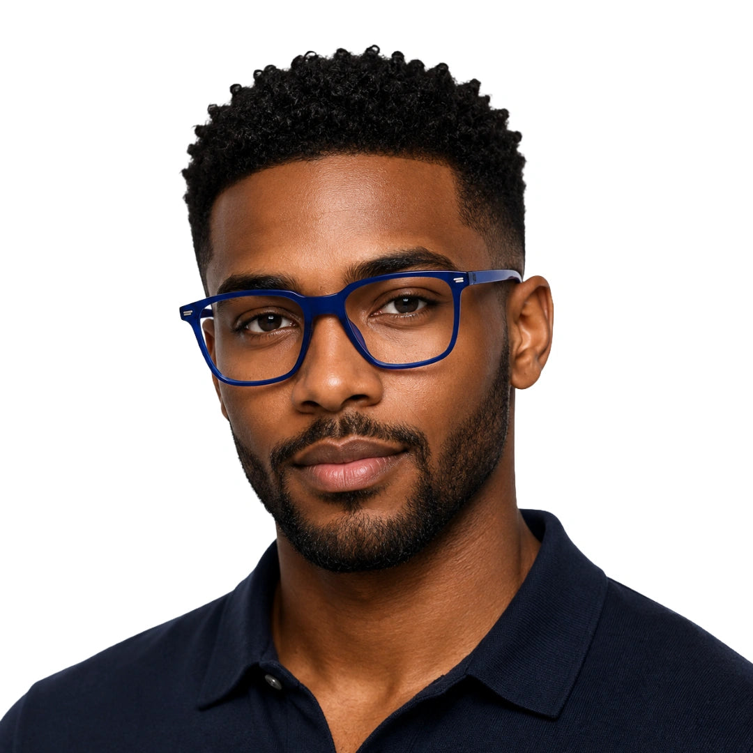 Man wearing OS JJ FRAME 3238 lightweight square eyeglasses for men and women in blue