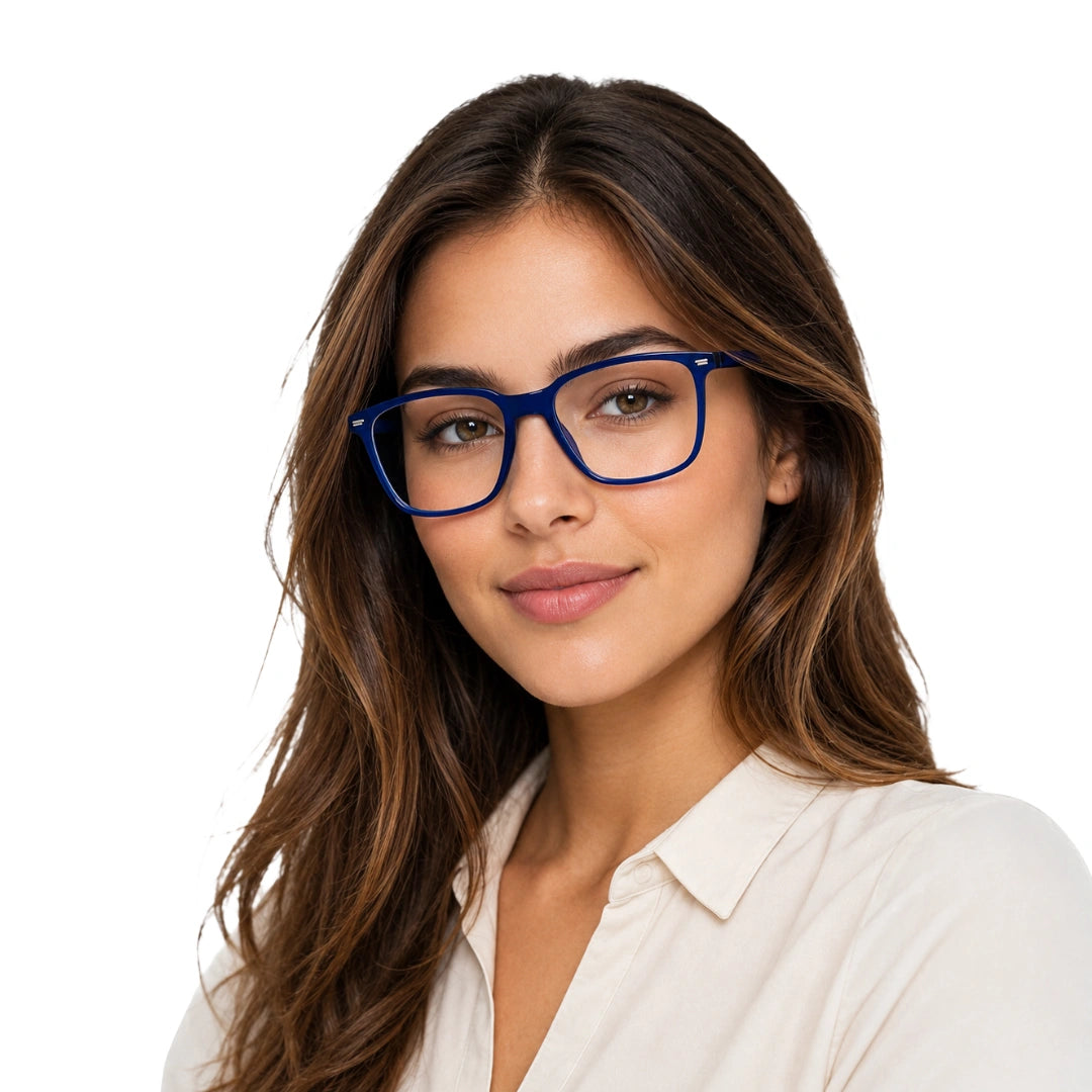 Woman wearing OS JJ FRAME 3238 lightweight square eyeglasses for men and women in blue, front view