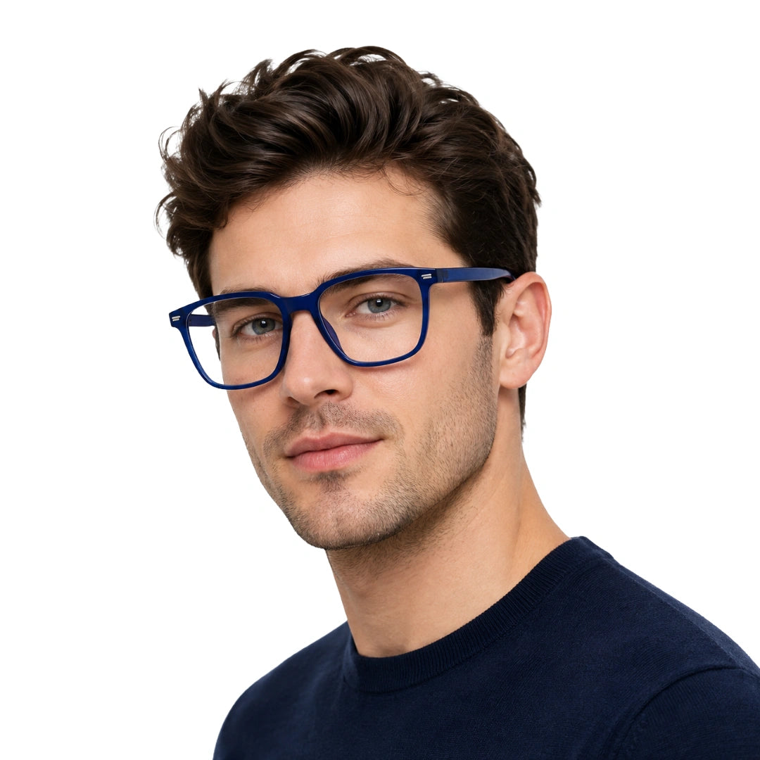 Man wearing OS JJ FRAME 3238 lightweight square eyeglasses for men and women in blue, front view