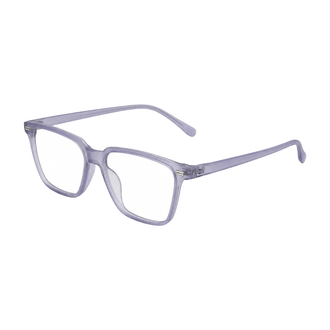 OS JJ FRAME 3238 lightweight square eyeglasses for men and women in transparent lavender, three-quarter angled view