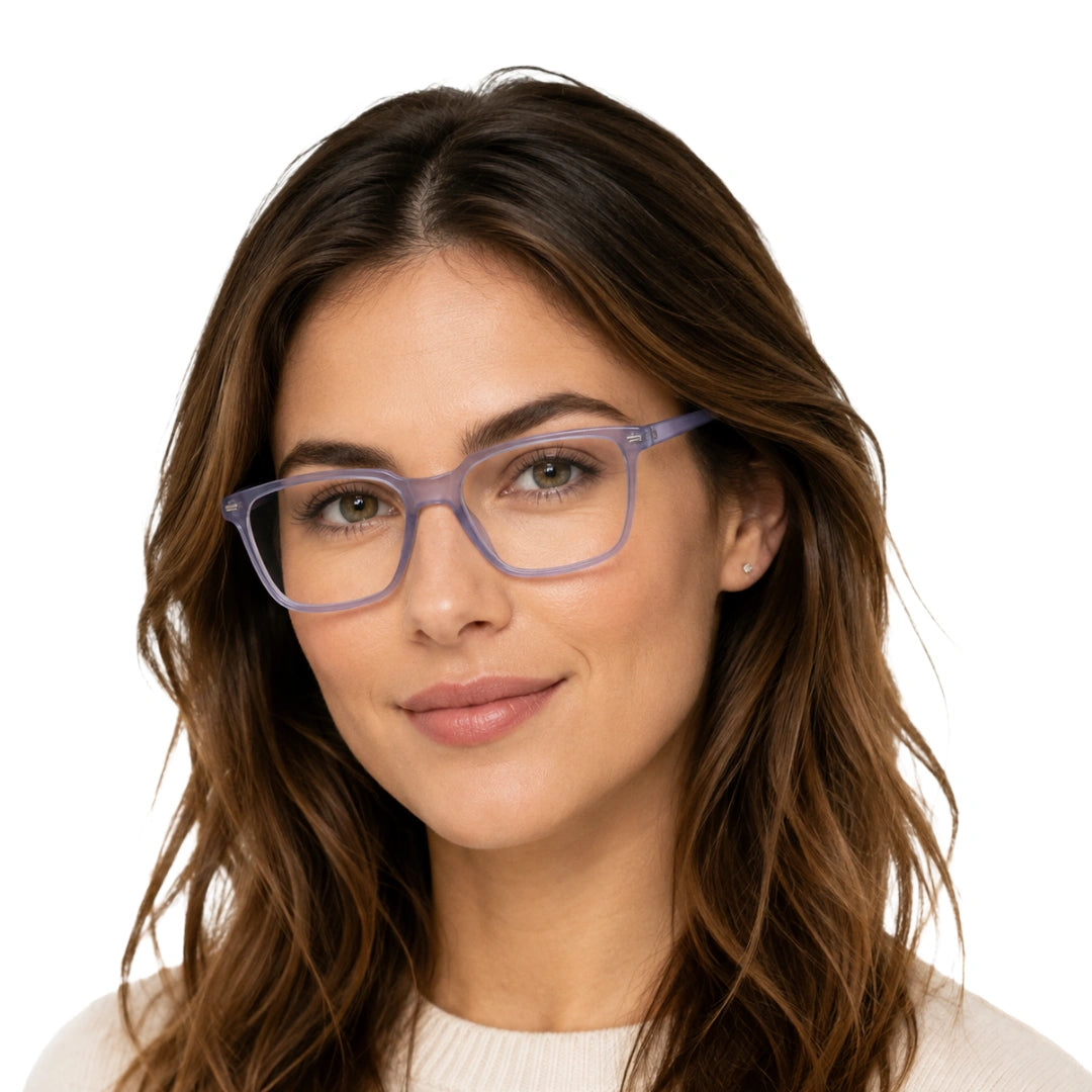 Woman wearing OS JJ FRAME 3238 lightweight square eyeglasses for men and women in transparent lavender