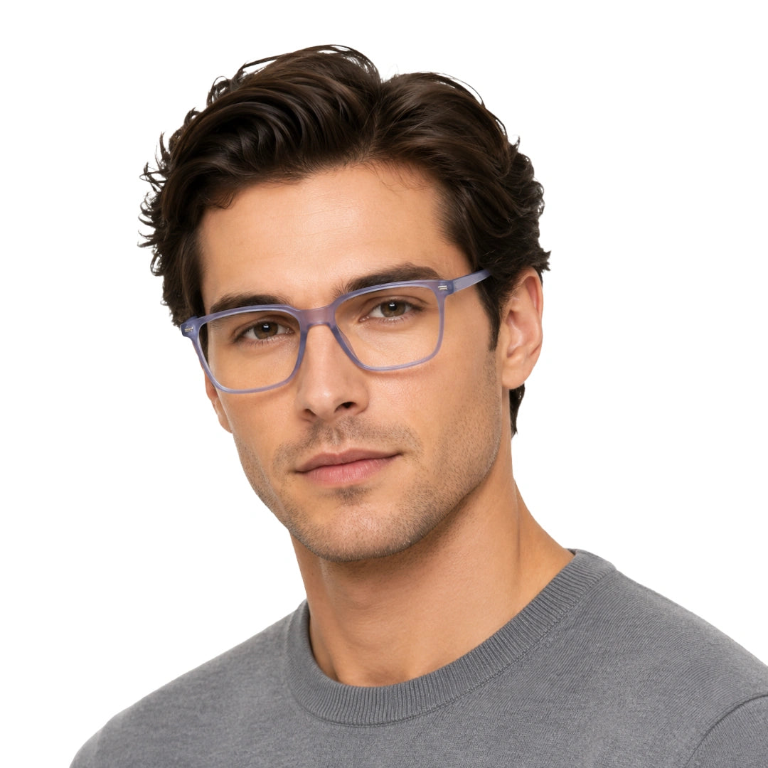 Man wearing OS JJ FRAME 3238 lightweight square eyeglasses for men and women in transparent lavender