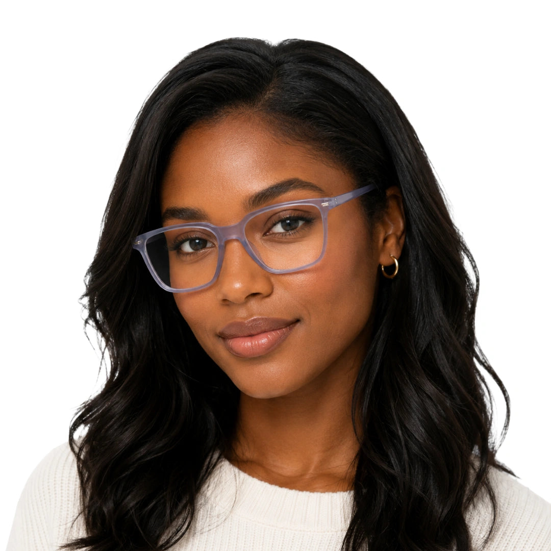 Woman wearing OS JJ FRAME 3238 lightweight square eyeglasses for men and women in transparent lavender, front view
