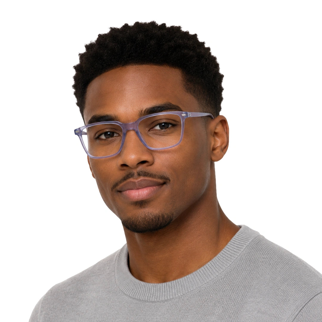 Man wearing OS JJ FRAME 3238 lightweight square eyeglasses for men and women in transparent lavender, front view