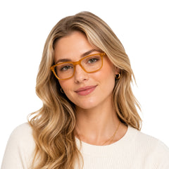 Woman wearing OS JJ Frame 3248 everyday rectangular optical eyeglasses in yellow