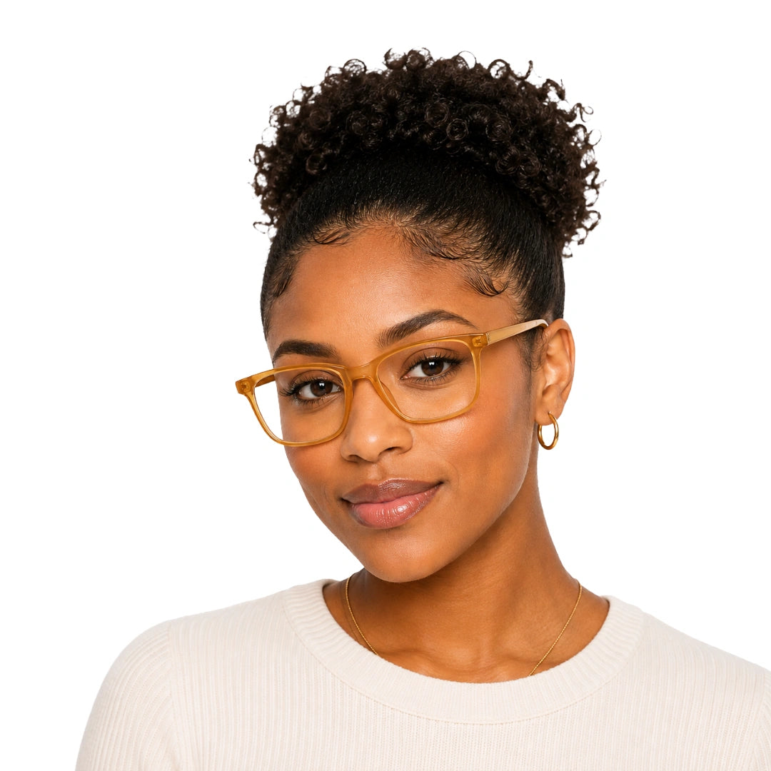 Woman wearing OS JJ Frame 3248 everyday rectangular optical eyeglasses in yellow, front view