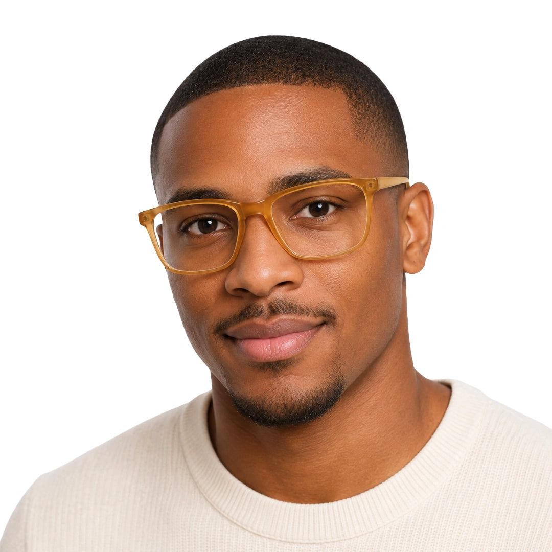 Man wearing OS JJ Frame 3248 everyday rectangular optical eyeglasses in yellow, front view
