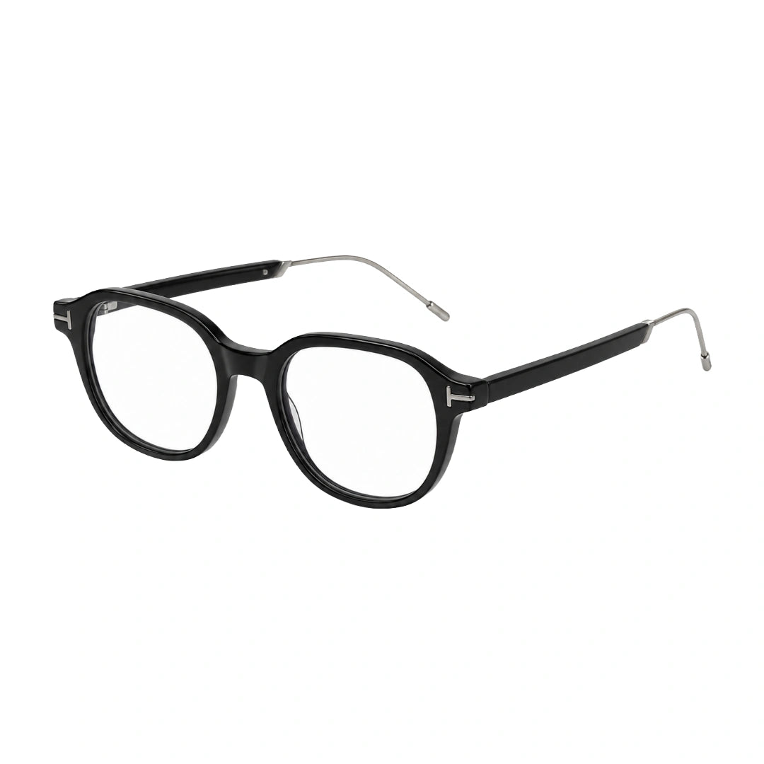OS Love My Country 69208 geometric round prescription eyeglasses in black, three-quarter angled view