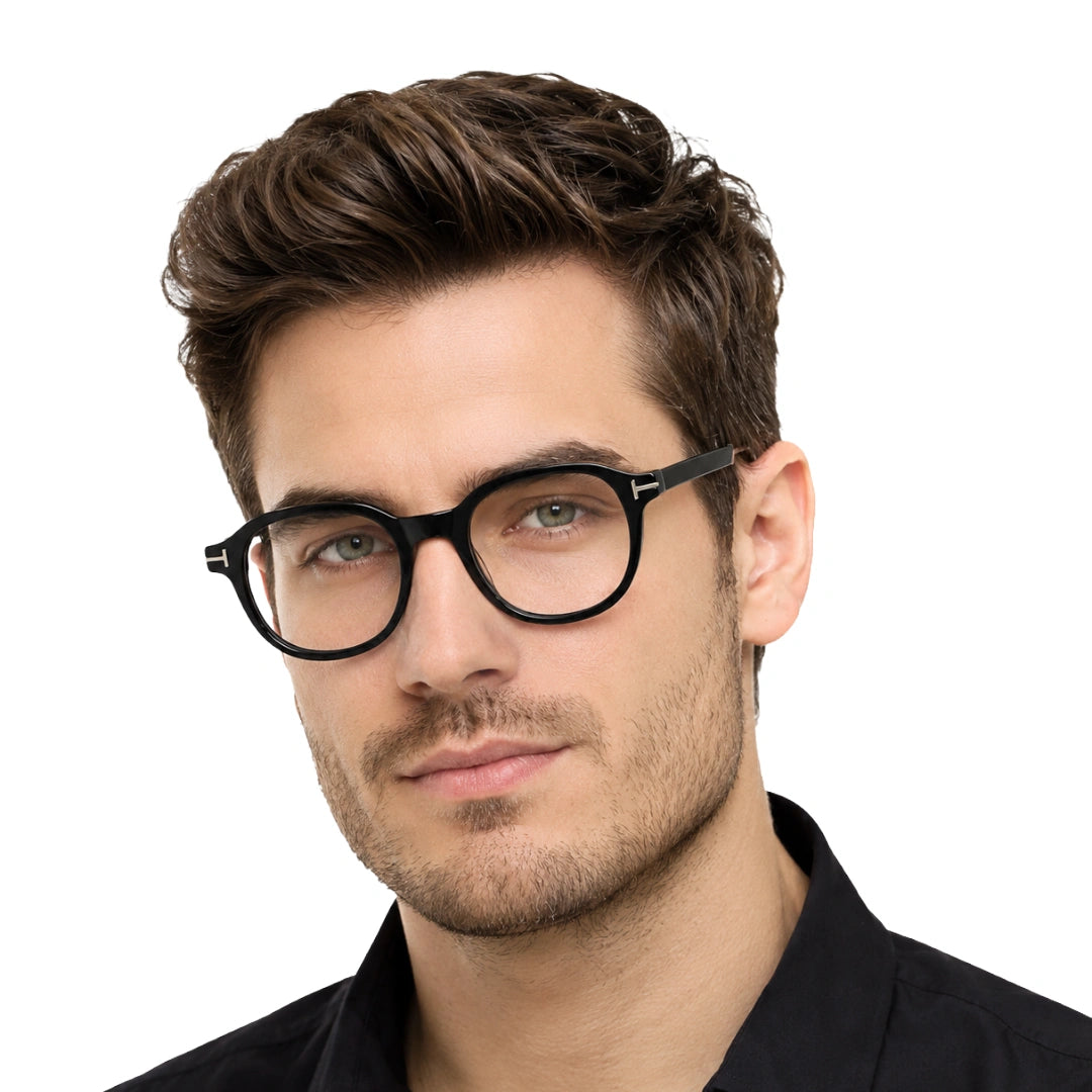 Man wearing OS Love My Country 69208 geometric round prescription eyeglasses in black