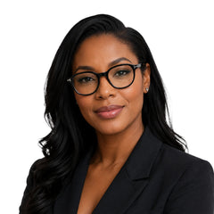 Woman wearing OS Love My Country 69208 geometric round prescription eyeglasses in black, front view