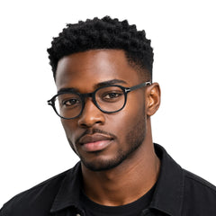 Man wearing OS Love My Country 69208 geometric round prescription eyeglasses in black, front view