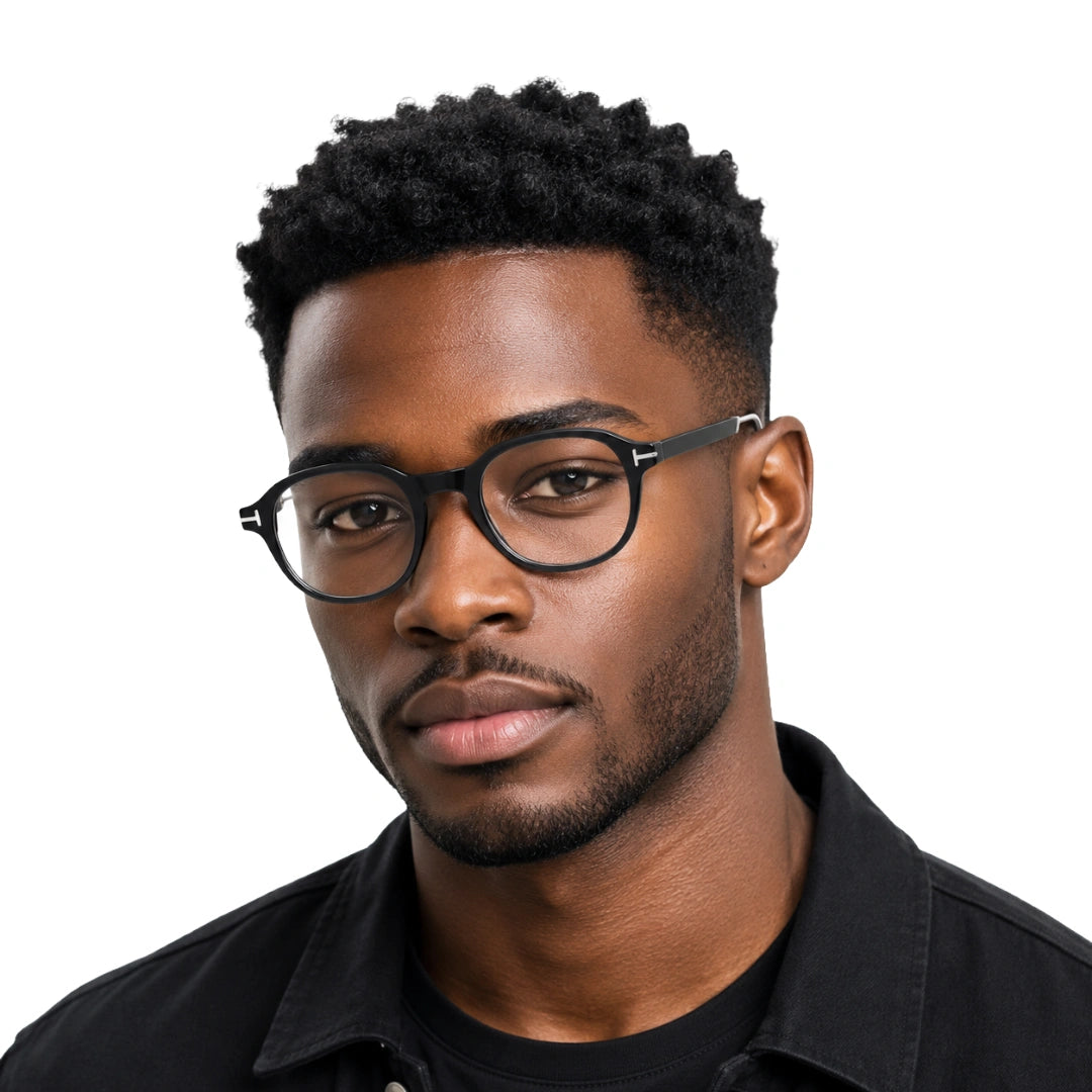 Man wearing OS Love My Country 69208 geometric round prescription eyeglasses in black, front view