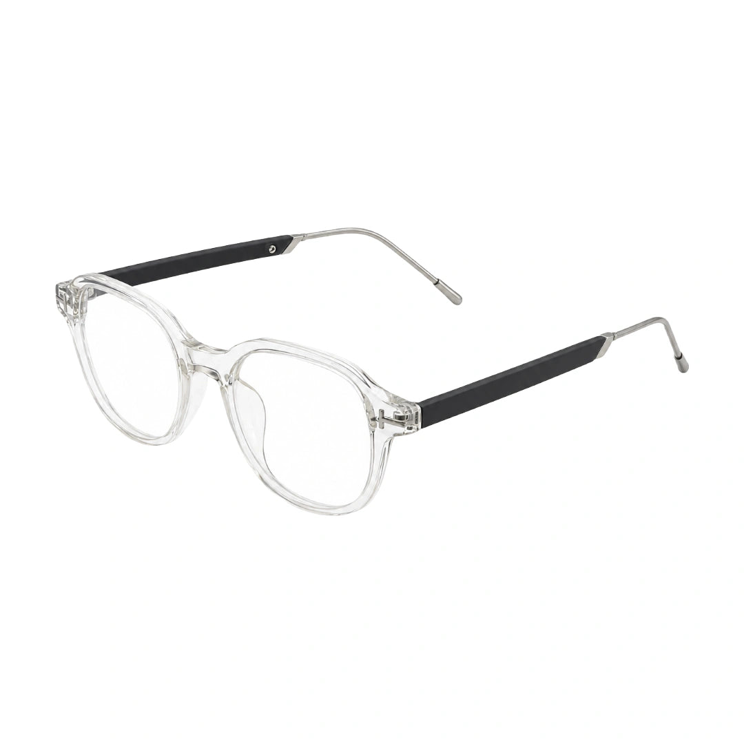 OS Love My Country 69208 geometric round prescription eyeglasses in transparent and black, three-quarter angled view