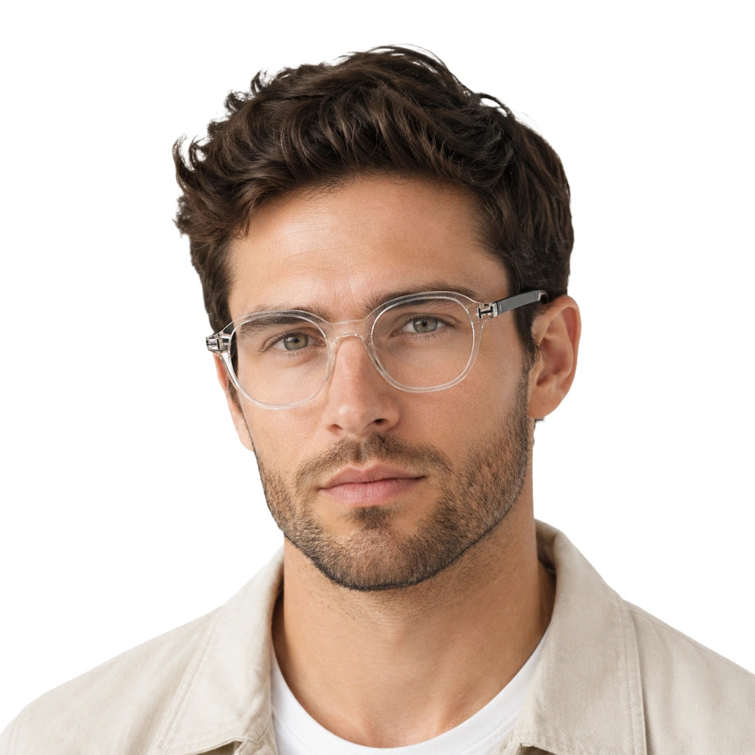 Man wearing OS Love My Country 69208 geometric round prescription eyeglasses in transparent and black