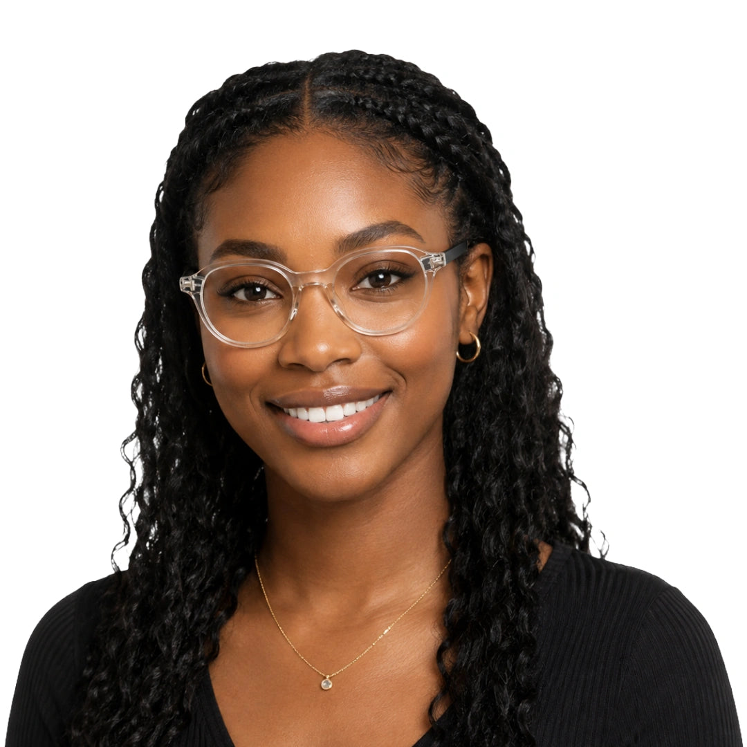 Woman wearing OS Love My Country 69208 geometric round prescription eyeglasses in transparent and black, front view