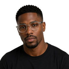 Man wearing OS Love My Country 69208 geometric round prescription eyeglasses in transparent and black, front view