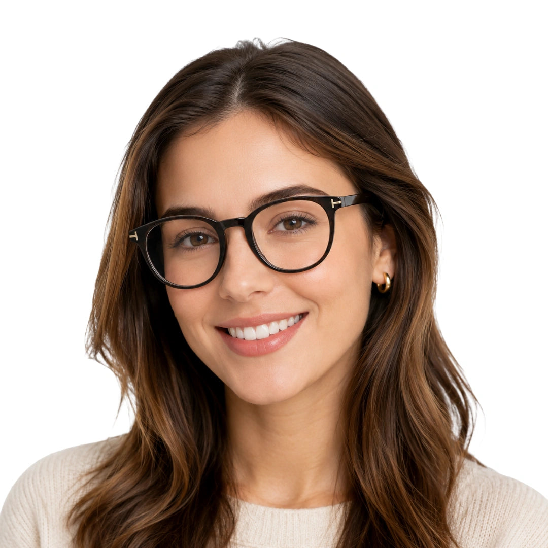 Woman wearing OS Love My Country 69209 round full-rim prescription eyeglasses