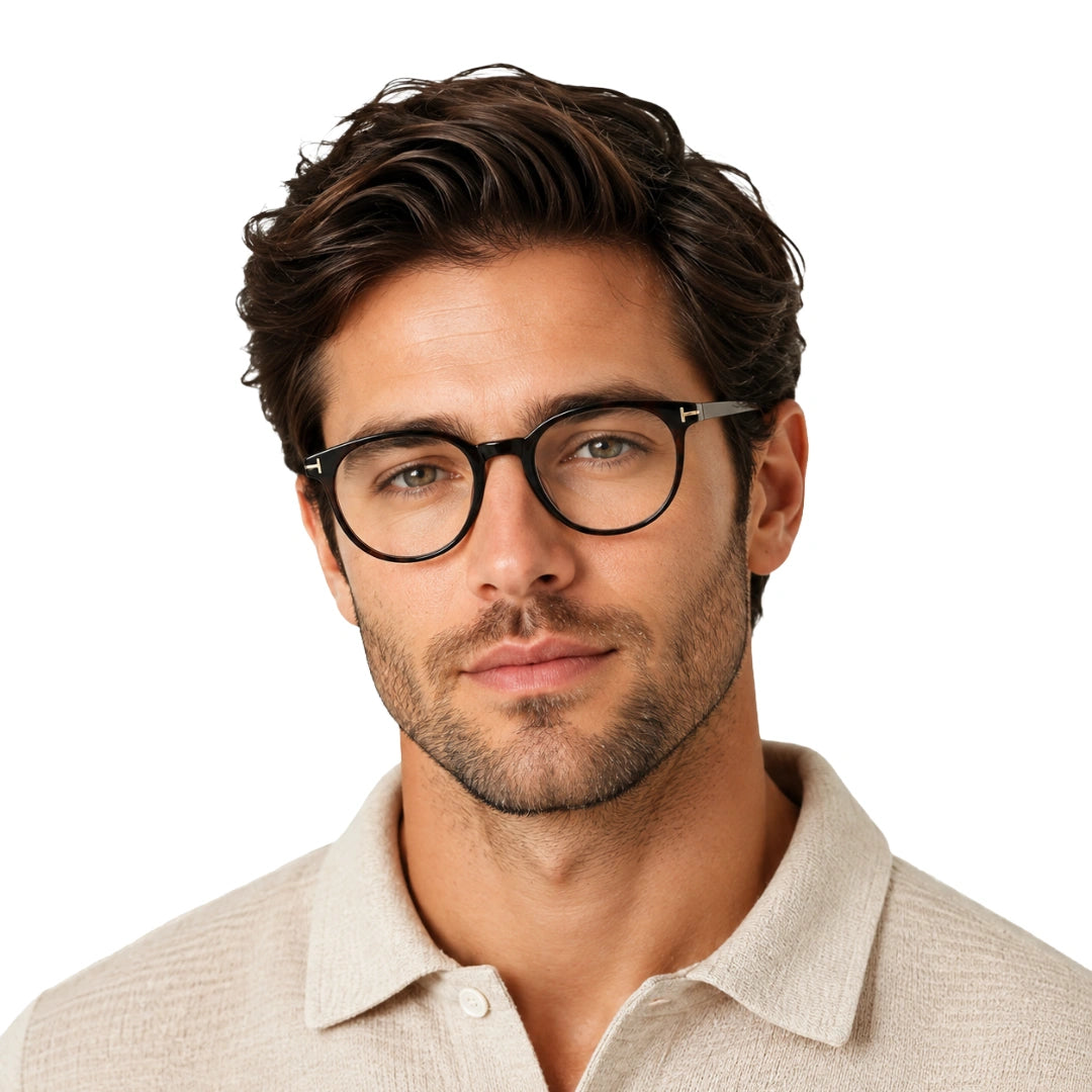 Man wearing OS Love My Country 69209 round full-rim prescription eyeglasses