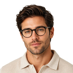 Man wearing OS Love My Country 69209 round full-rim prescription eyeglasses