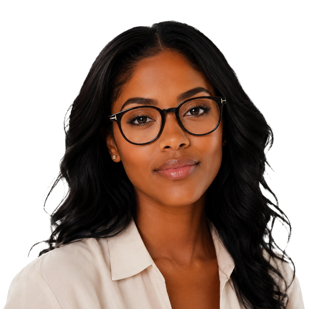 Woman wearing OS Love My Country 69209 round full-rim prescription eyeglasses, front view