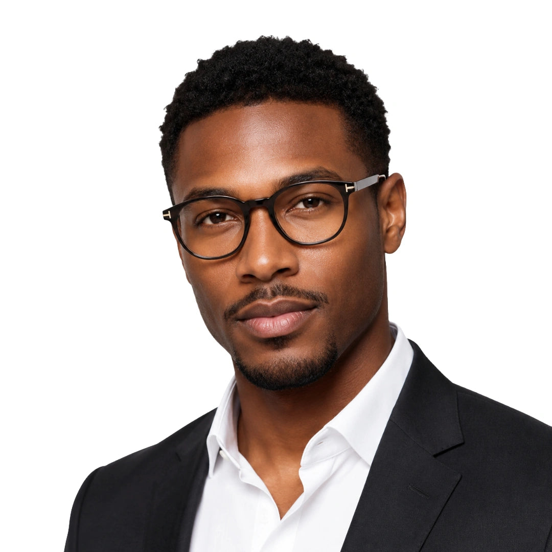 Man wearing OS Love My Country 69209 round full-rim prescription eyeglasses, front view