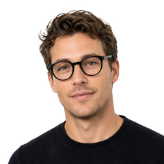 Man wearing OS Love My Country 69209 round full-rim prescription eyeglasses in glossy black