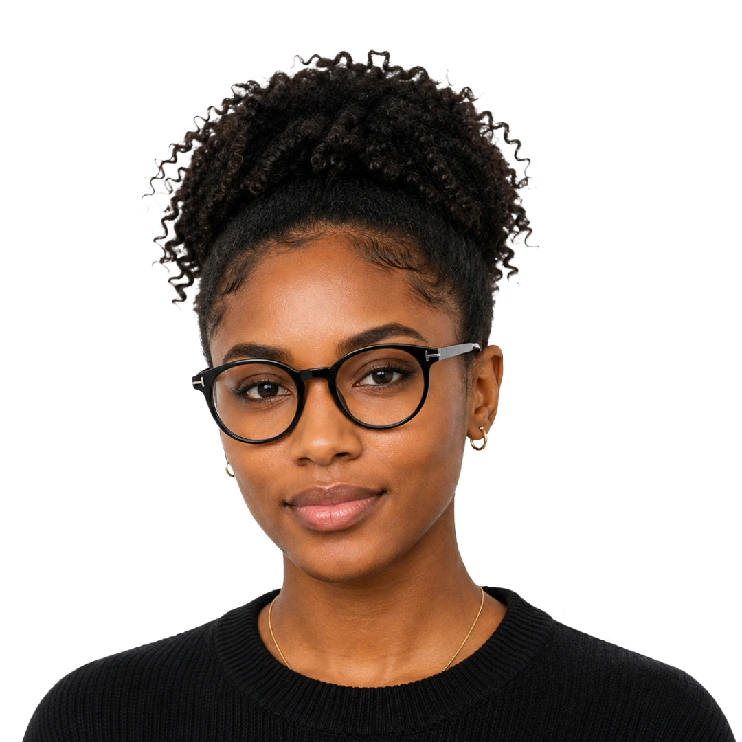 Woman wearing OS Love My Country 69209 round full-rim prescription eyeglasses in glossy black, front view