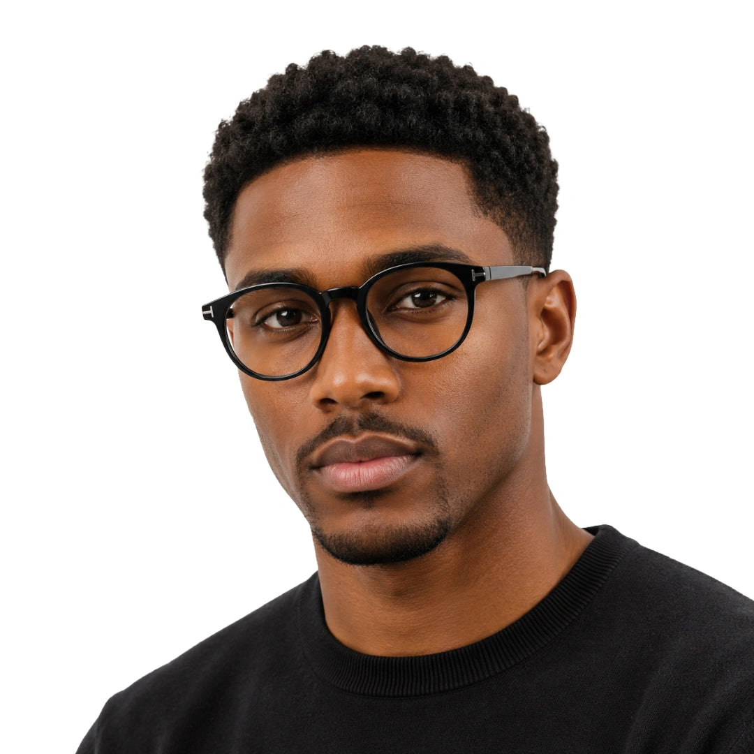 Man wearing OS Love My Country 69209 round full-rim prescription eyeglasses in glossy black, front view