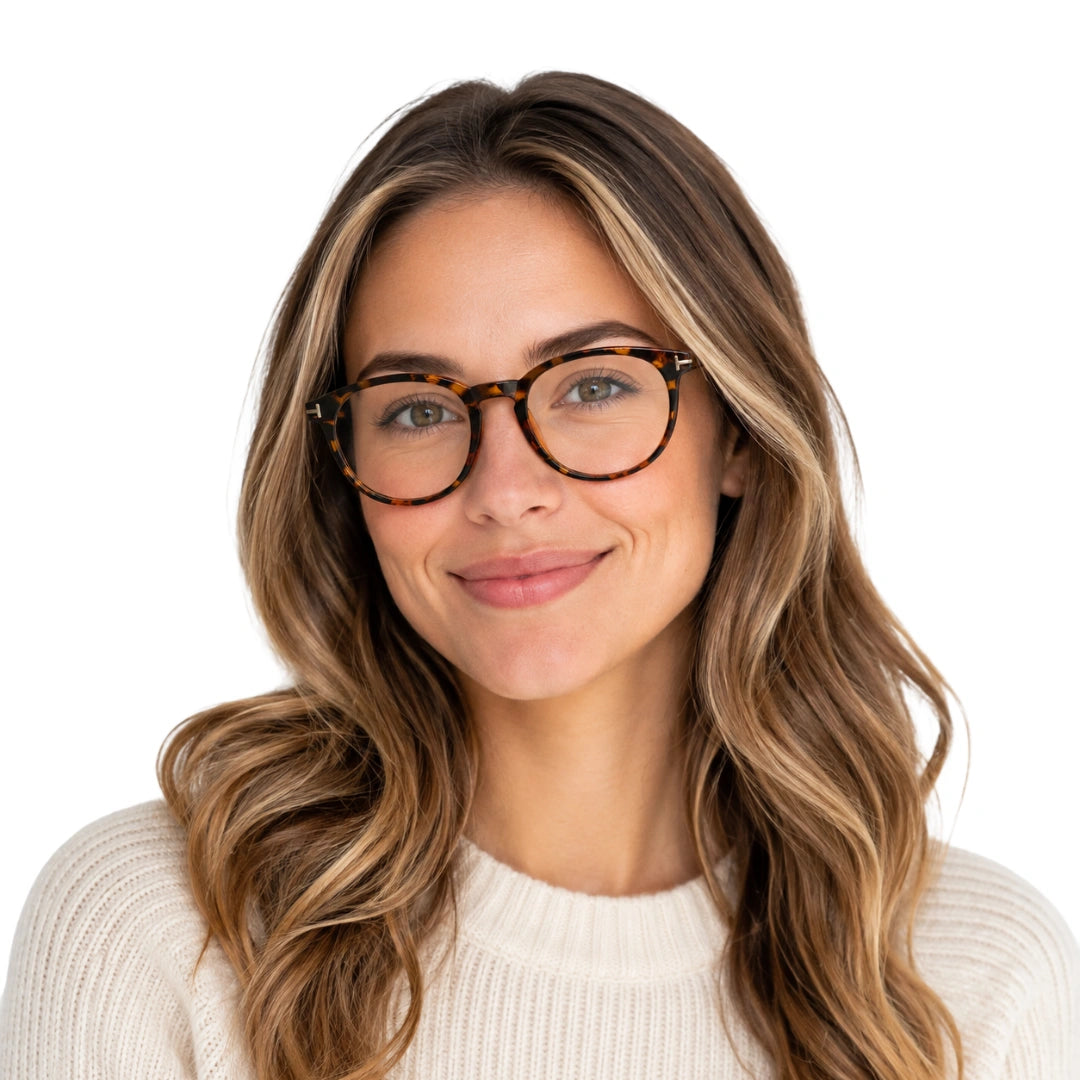 Woman wearing OS Love My Country 69209 round full-rim prescription eyeglasses