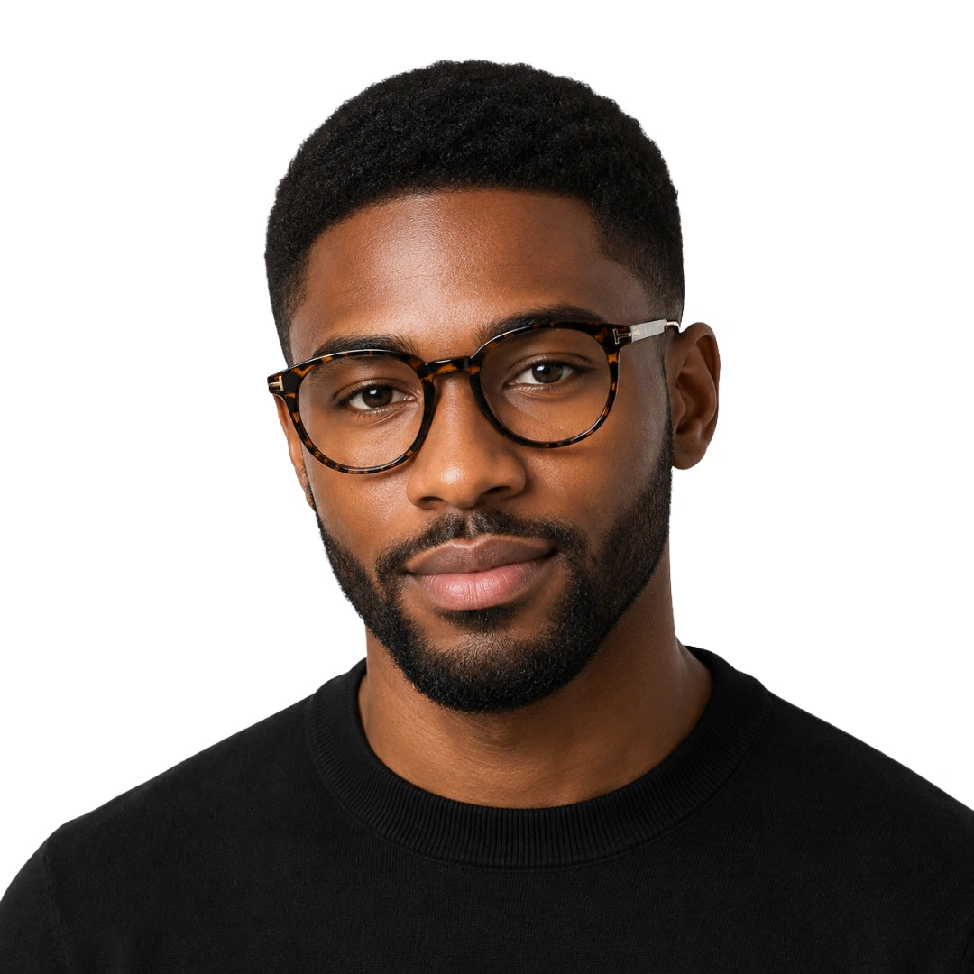 Man wearing OS Love My Country 69209 round full-rim prescription eyeglasses, front view