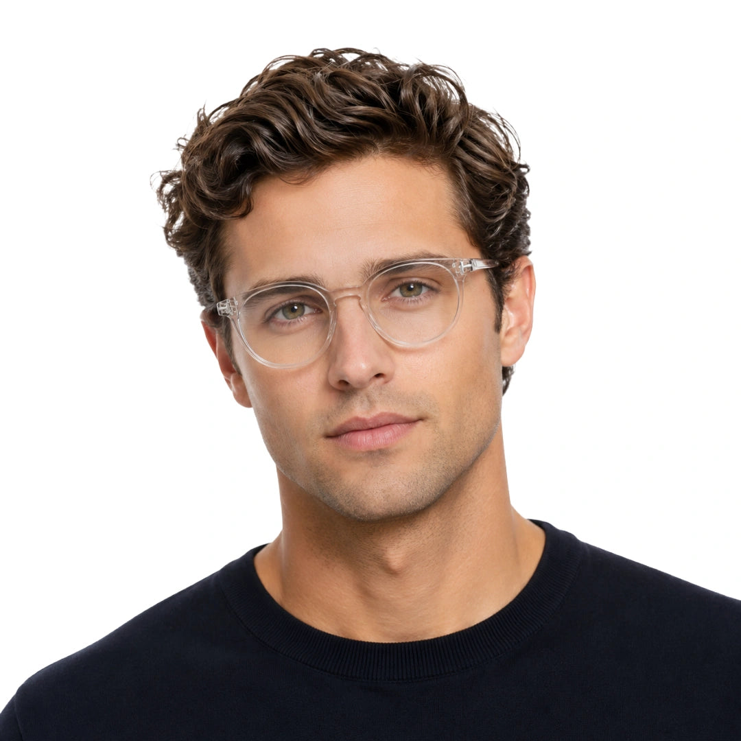 Man wearing OS Love My Country 69209 round full-rim prescription eyeglasses in transparent