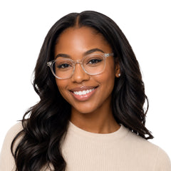 Woman wearing OS Love My Country 69209 round full-rim prescription eyeglasses in transparent, front view