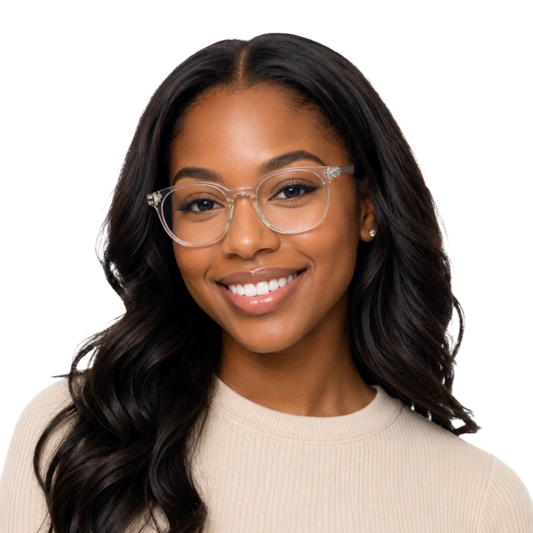 Woman wearing OS Love My Country 69209 round full-rim prescription eyeglasses in transparent, front view