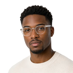 Man wearing OS Love My Country 69209 round full-rim prescription eyeglasses in transparent, front view