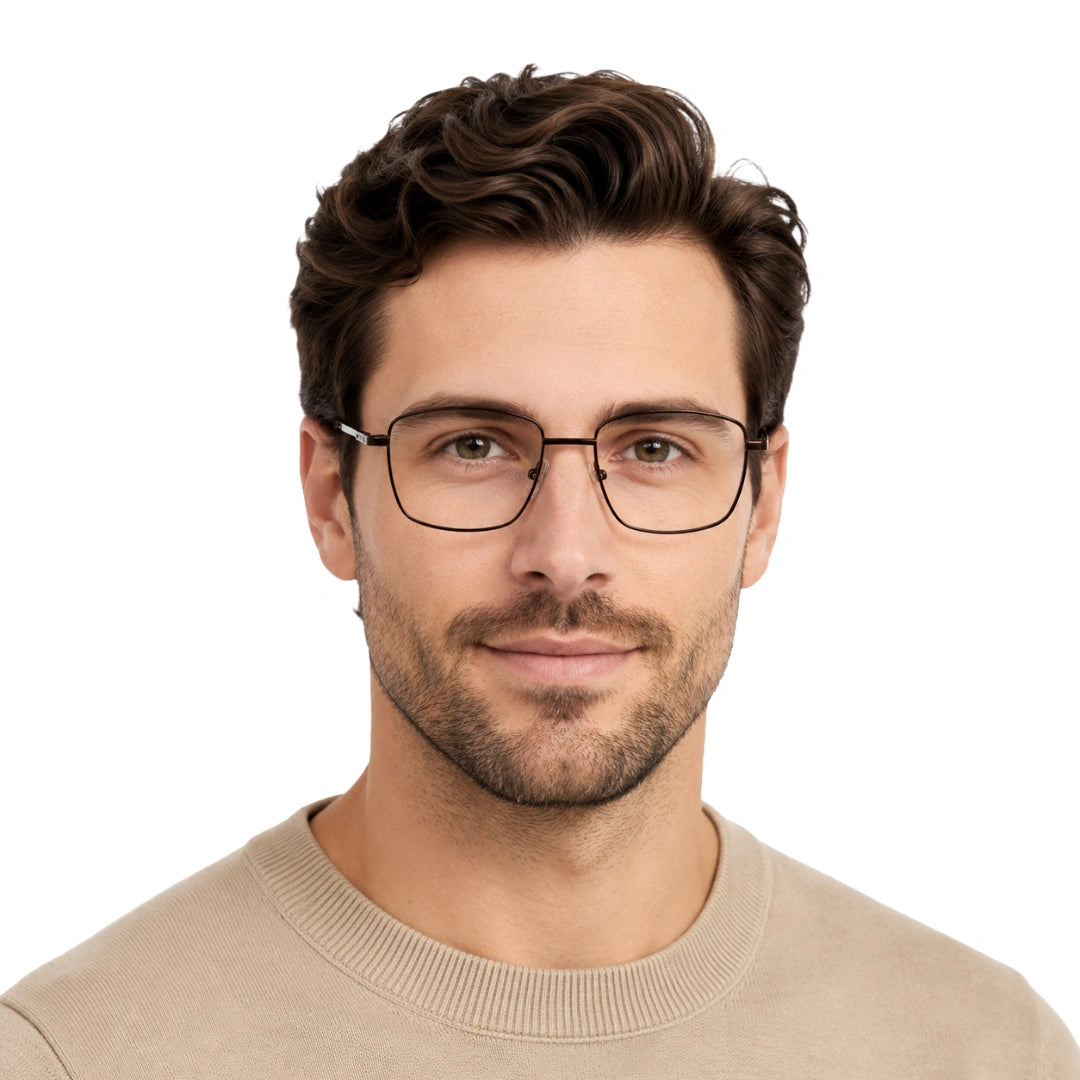 Man wearing OS PrismX 75101 rectangular full-rim metal eyeglasses in brown