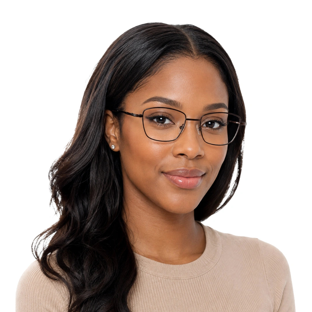 Woman wearing OS PrismX 75101 rectangular full-rim metal eyeglasses in brown, front view