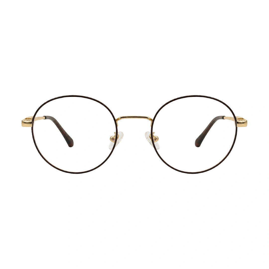 OS PrismX 75110 classic full-rim round optical frame in brown and gold, front view