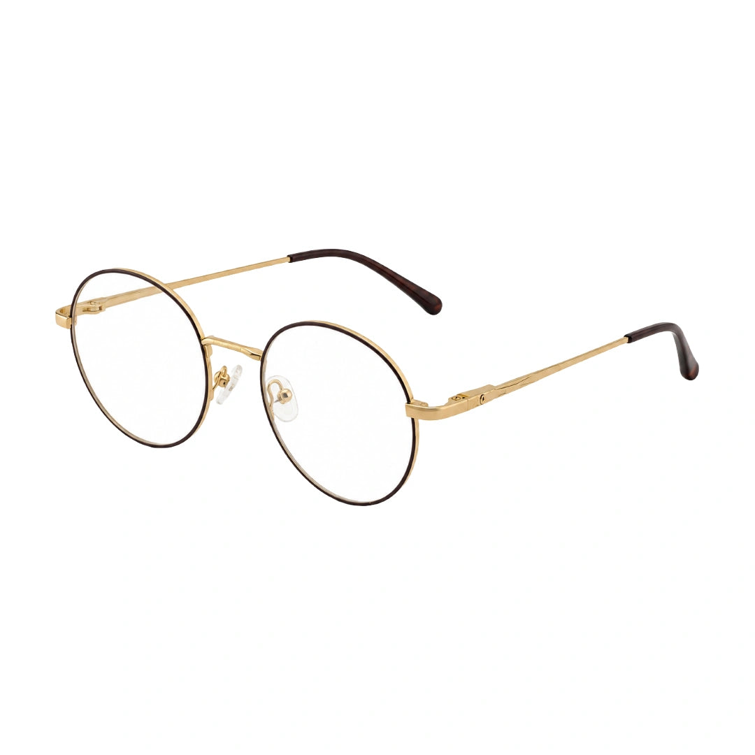 OS PrismX 75110 classic full-rim round optical frame in brown and gold, three-quarter angled view
