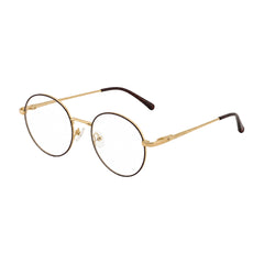 OS PrismX 75110 classic full-rim round optical frame in brown and gold, three-quarter angled view