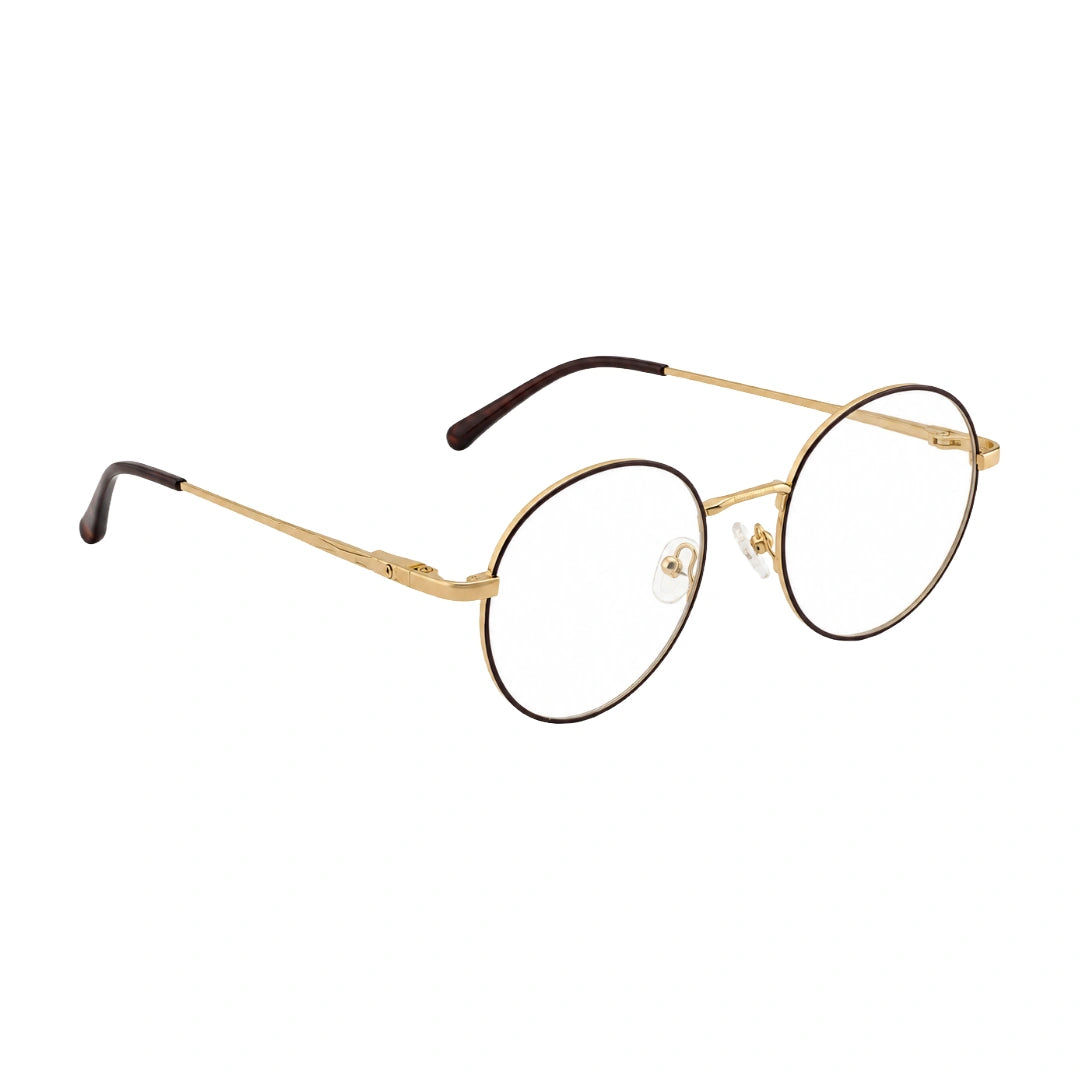 OS PrismX 75110 classic full-rim round optical frame in brown and gold, angled view
