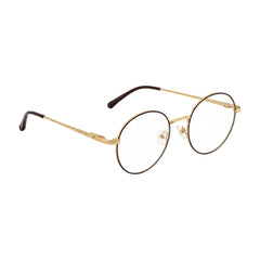 OS PrismX 75110 classic full-rim round optical frame in brown and gold, angled view