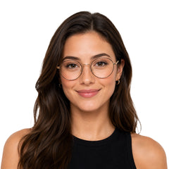 Woman wearing OS PrismX 75110 classic full-rim round optical frame in brown and gold