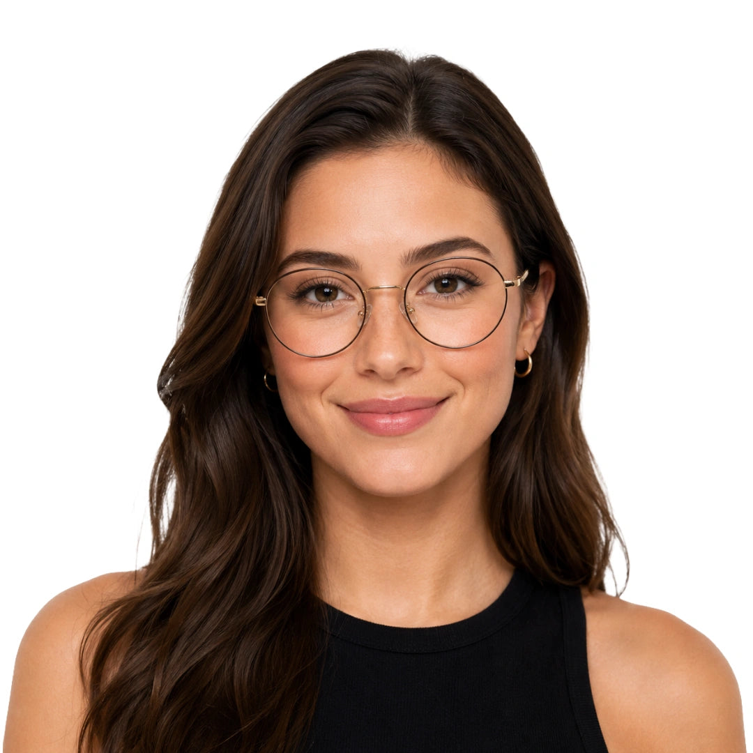 Woman wearing OS PrismX 75110 classic full-rim round optical frame in brown and gold