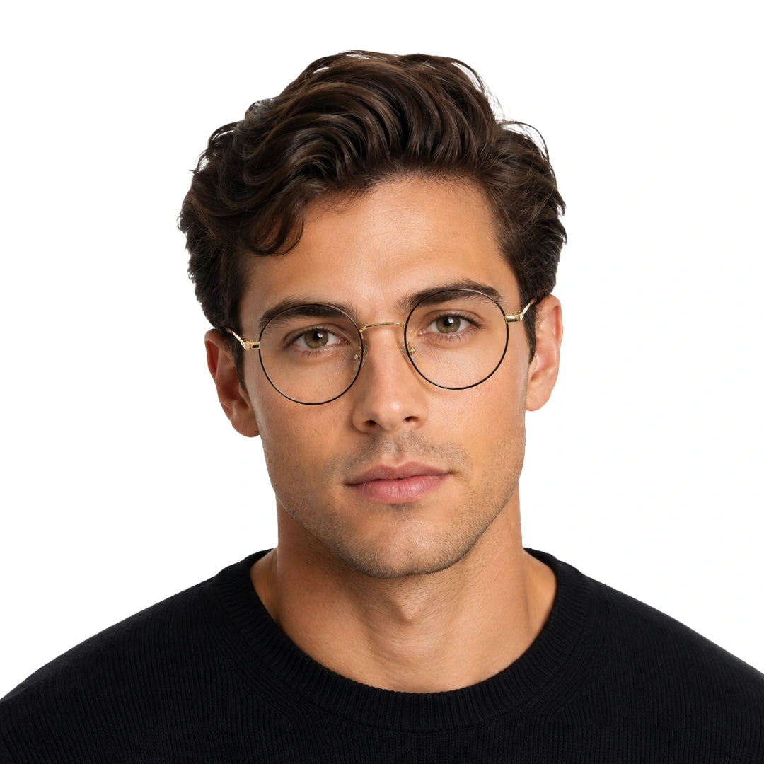 Man wearing OS PrismX 75110 classic full-rim round optical frame in brown and gold