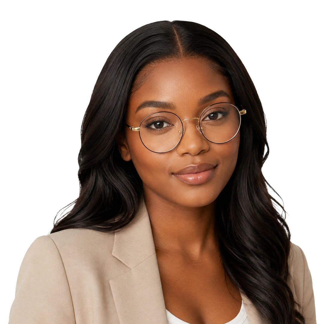 Woman wearing OS PrismX 75110 classic full-rim round optical frame in brown and gold, front view