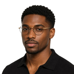 Man wearing OS PrismX 75110 classic full-rim round optical frame in brown and gold, front view