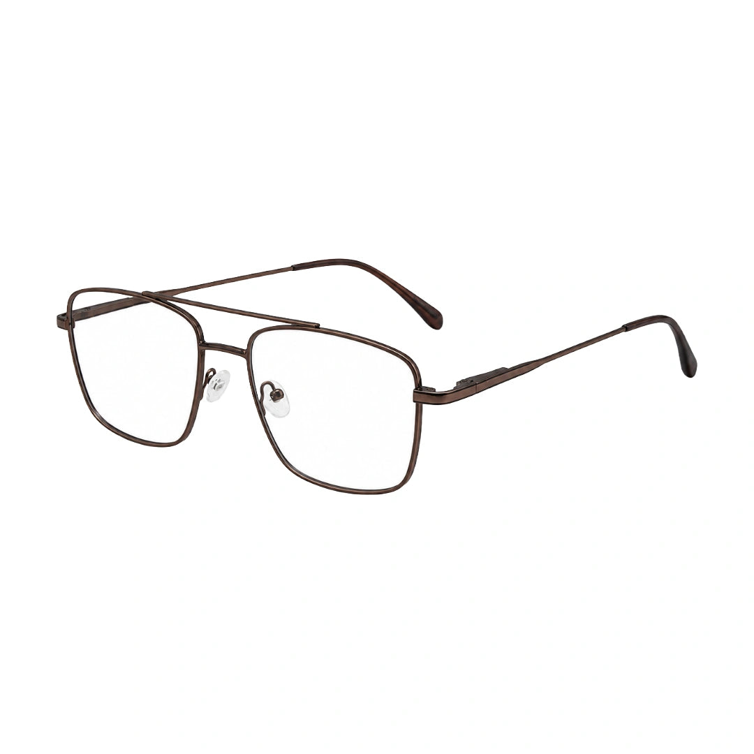OS PrismX 75111 double bridge square metal eyeglasses in brown, three-quarter angled view