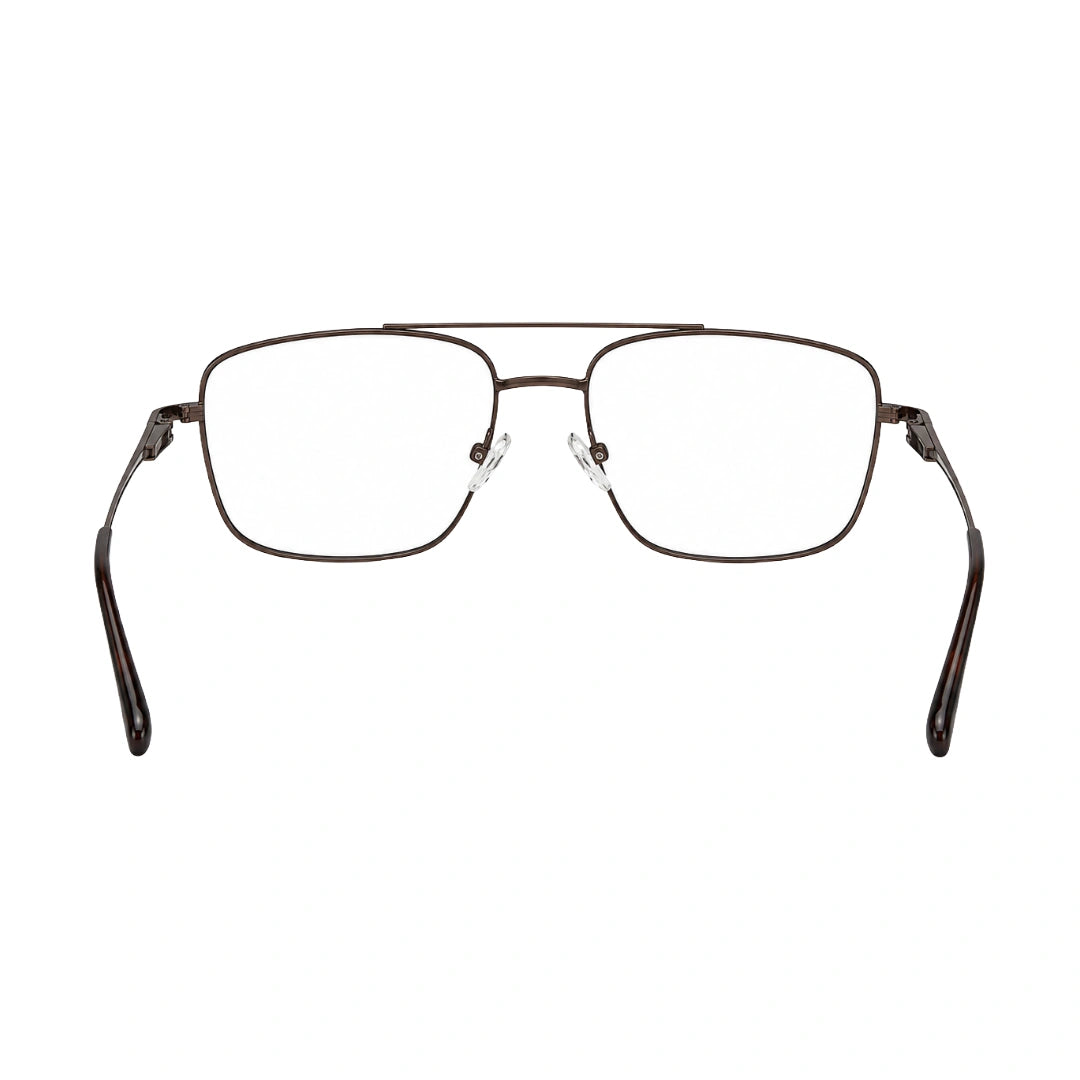 OS PrismX 75111 double bridge square metal eyeglasses in brown, rear view
